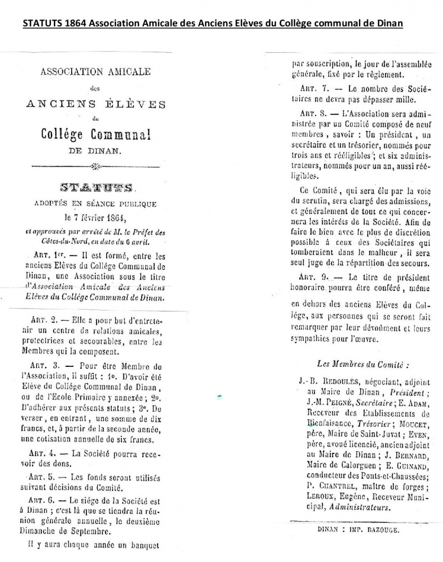 STATUTS 1864 Association Amicale des Anciens Elèves du Collège communal de Dinan